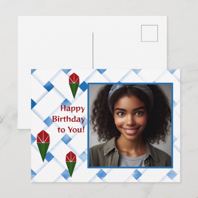 Postal Festiva Nacimiento verde rojo azul Rosa de tejido de arte  (Anverso / Reverso)