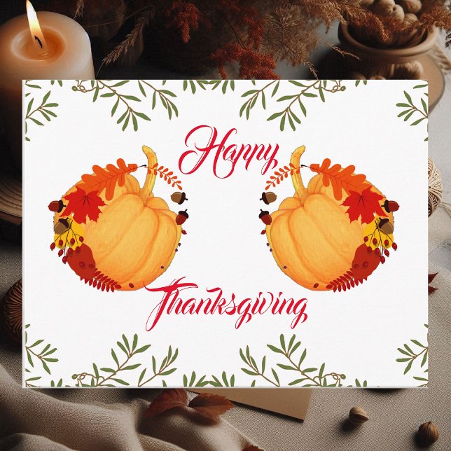 Postal Festiva Naranja Calabaza Cae Maple Acorn Feliz Acción de G (Orange Pumpkin Fall Maple Acorn Happy Thanksgiving Holiday Postcard)