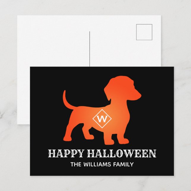 Postal Festiva Naranja Dachshund Feliz Halloween (Anverso / Reverso)
