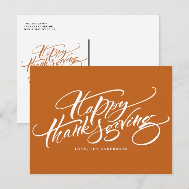 Postal Festiva Naranja de caligrafía moderna Feliz Día de Acción  (Anverso / Reverso)