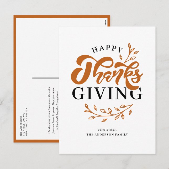 Postal Festiva Naranja Foliage Wreath Feliz Día de Acción de Grac (Anverso / Reverso)