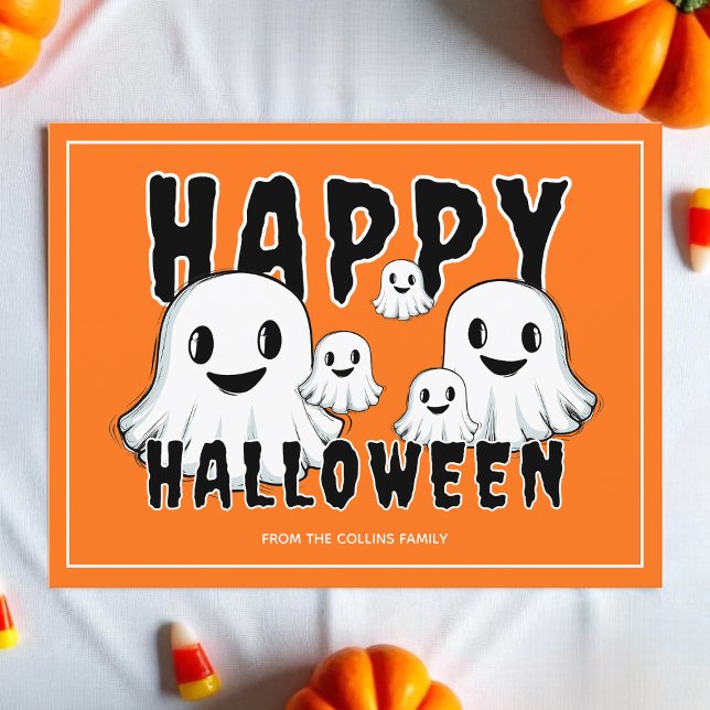Postal Festiva Naranja guapo feliz Halloween (Cute Ghost Family Spooky Orange Happy Halloween Holiday Postcard)