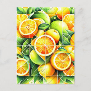 Postal Festiva Naranja Limón Botánico Cítrico Geométrico