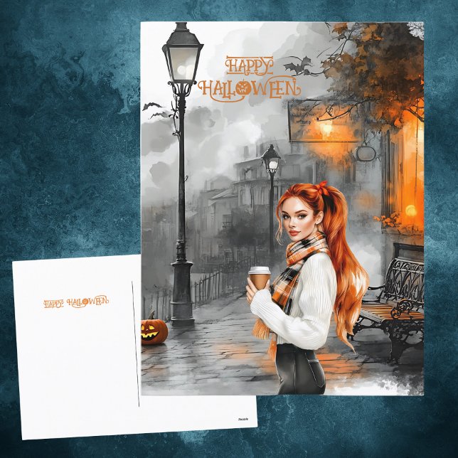 Postal Festiva Naranja negro Chica de Moda atormentado en la call (Subido por el creador)