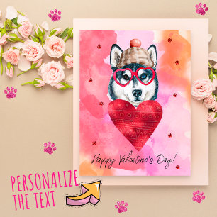 Postal Festiva Naranja rosado Husky El día de San Valentín perro 
