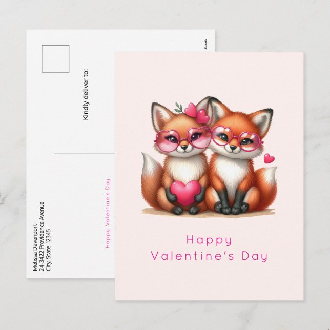 Postal Festiva Naranjas zorros curos en el El día de San Valentín (Anverso / Reverso)