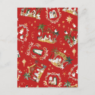 Postal Festiva Natividad Acuarela Navideña Cristiana Rojo