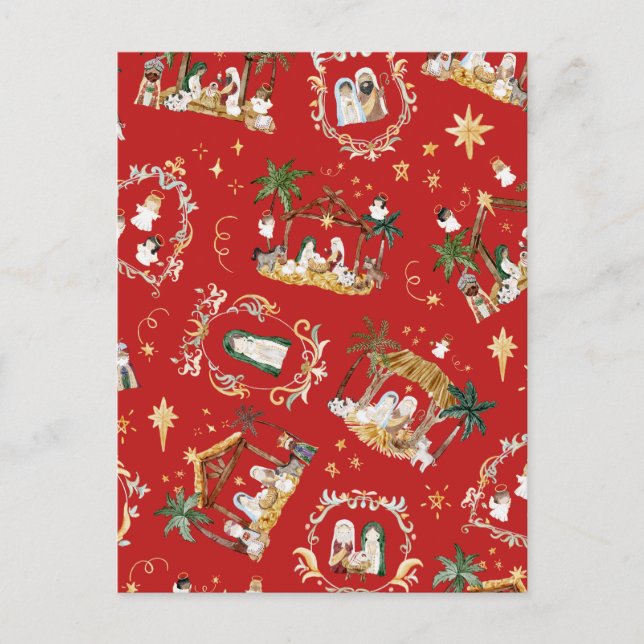 Postal Festiva Natividad Acuarela Navideña Cristiana Rojo (Anverso)
