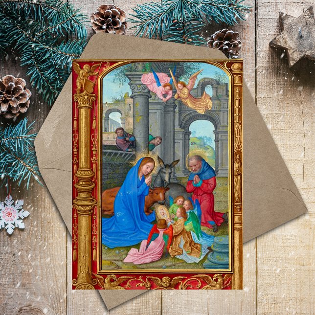 Postal Festiva Natividad de Navidades cristianos medievales (Medieval Manuscript Vintage Religious Catholic Christian Christmas Nativity Scene Holiday Postcard)