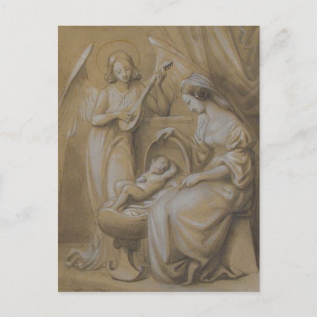 Postal Festiva Natividad Dibujando Virgen María Bebé Jesús Criba  (Anverso)