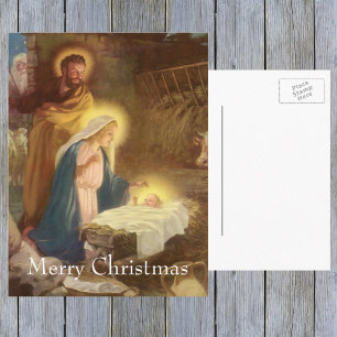 Postal Festiva Natividad navideña vintage, Mary Joseph Baby Jesus
