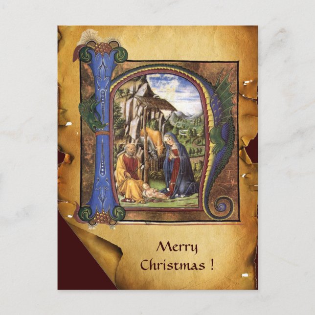 Postal Festiva NATIVIDAD XMAS PARCHMENT Monograma de zafiro azul (Anverso)