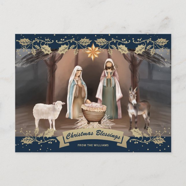 Postal Festiva Nativity Scene Blue Christian Christmas (Anverso)