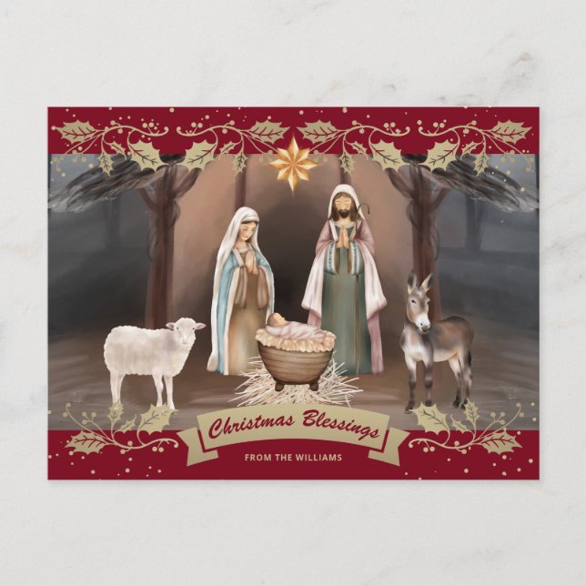 Postal Festiva Nativity Scene Red Christian Christmas (Anverso)