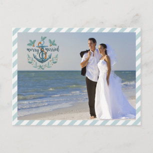 Postal Festiva Náutico Felices y Casados, Rayas Turquesas, Dos Fo