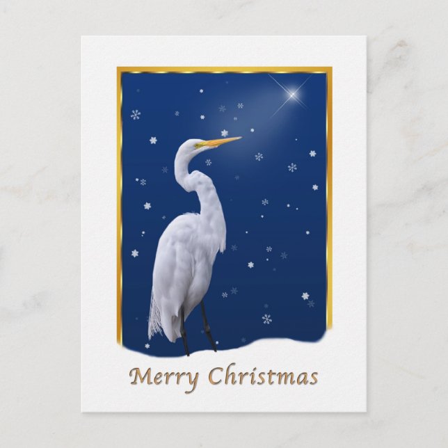 Postal Festiva Navidad, gran pájaro del Egret, religioso (Anverso)