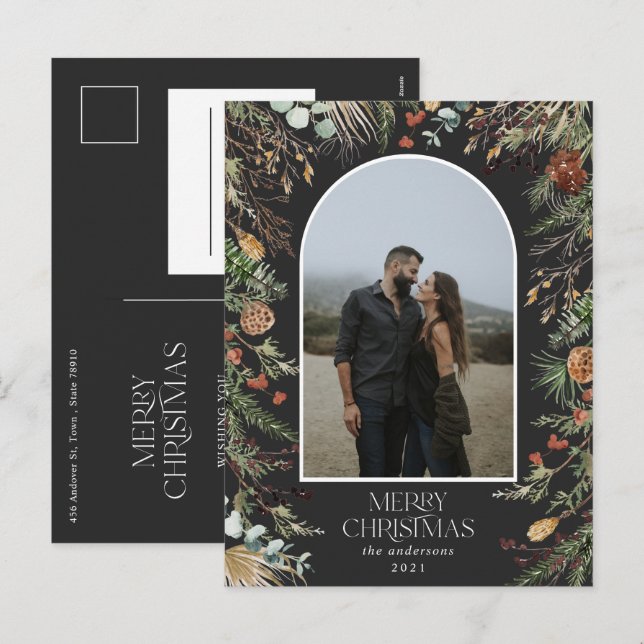 Postal Festiva Navidades 1 arco fotográfico acuarela floral botán (Anverso / Reverso)