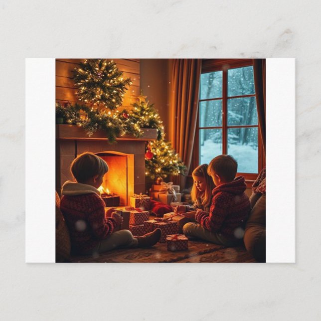 Postal Festiva Navidades acogedores cerca de la chimenea (Anverso)