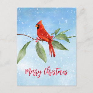 Postal Festiva Navidades acuarela azul verde verde rojo cardenal 