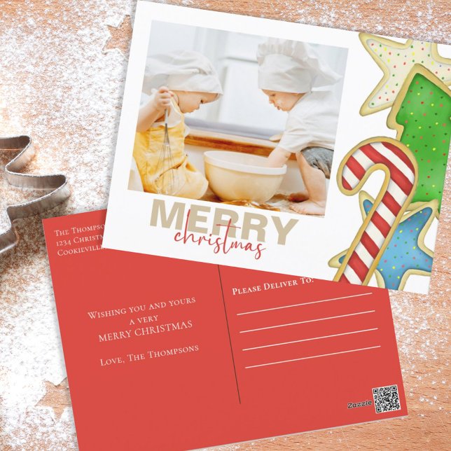 Postal Festiva Navidades acuarela cocina ligera 1 festividad foto (Merry Christmas holiday photo postcard with whimsical colorful Christmas cookies. )