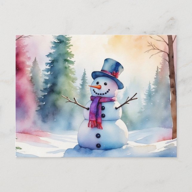 Postal Festiva Navidades acuarela Snowman y bosque de invierno (Anverso)
