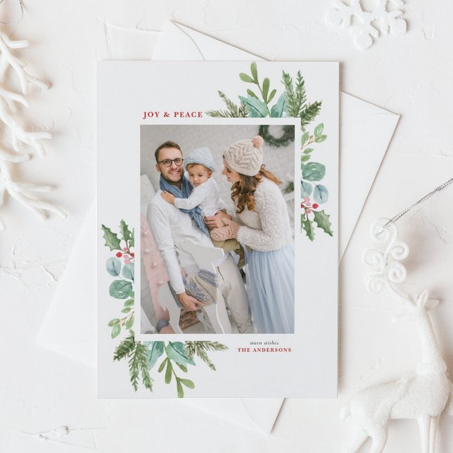 Postal Festiva Navidades acuarelas Foliage Frame Holiday Photo (Customizable photo Christmas postcard featuring watercolor frame of winter greenery and winterberry)