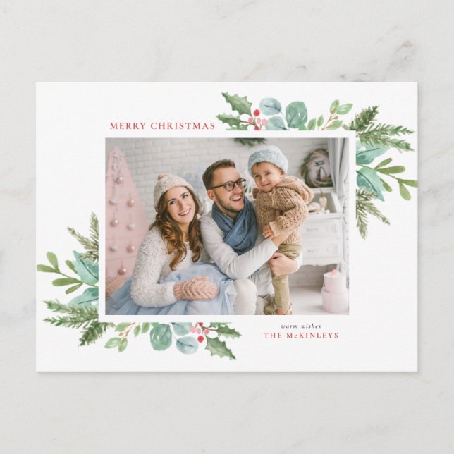 Postal Festiva Navidades acuarelas Foliage y Holly Frame Photo (Anverso)