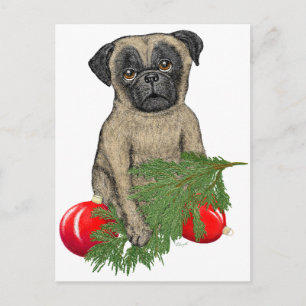 Postal Festiva Navidades adorables pug pipa arte perro