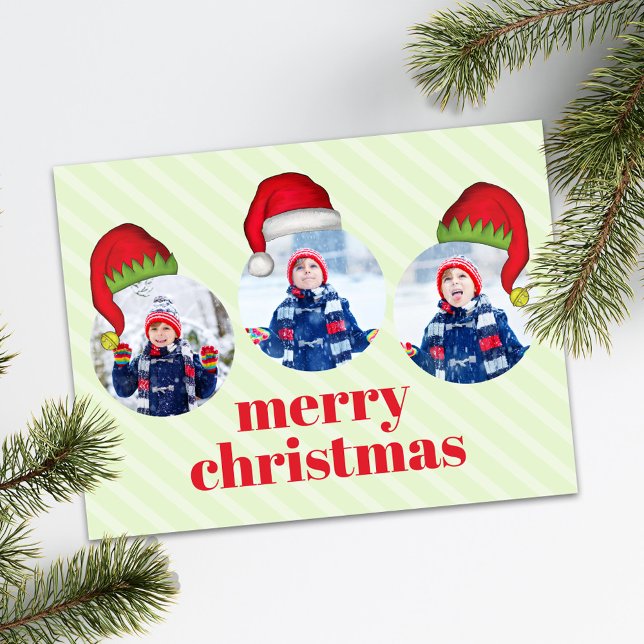 Postal Festiva Navidades adoran a Santa Elf con gracia caprichosa (Merry Christmas holiday photo card with Santa Hats)