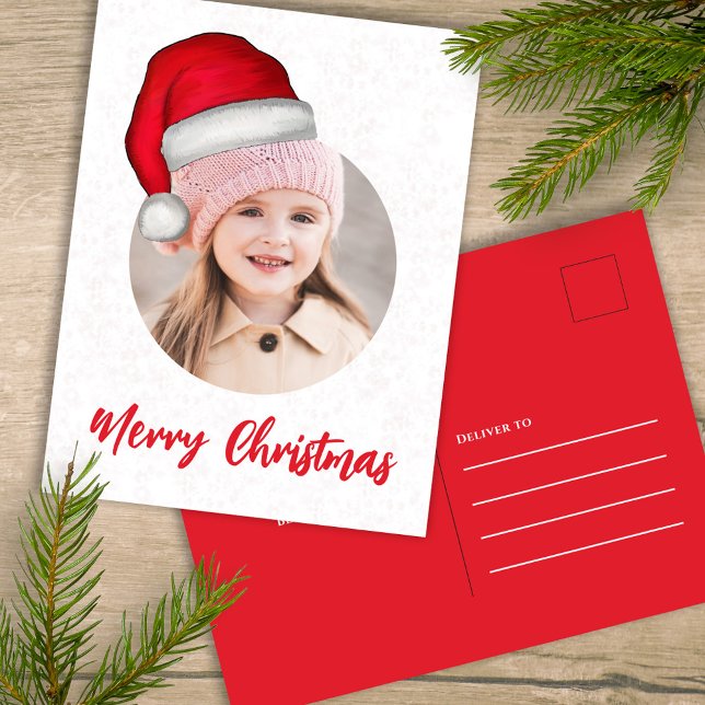 Postal Festiva Navidades adoran a Santa Elf Funny Whimsical 1 Fot (Merry Christmas holiday single photo postcard template with circle photo template. )