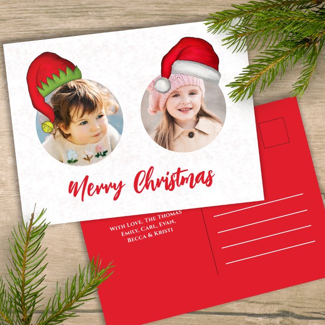 Postal Festiva Navidades adoran a Santa Elf Funny Whimsical 3 Fot (Merry Christmas holiday two photo postcard template with circle photo template. )