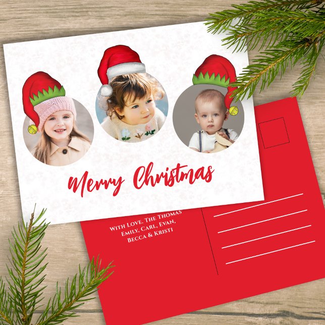 Postal Festiva Navidades adoran a Santa Elf Funny Whimsical 3 Fot (Merry Christmas holiday three photo postcard template with circle photo template. )