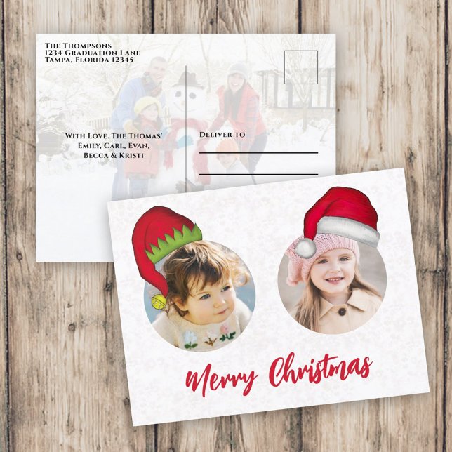 Postal Festiva Navidades adoran a Santa Elf Funny Whimsical 3 Fot (Merry Christmas holiday two photo postcard template with circle photo template. )