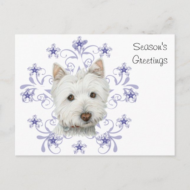 Postal Festiva Navidades adoran arte de perro occidental y copos  (Anverso)