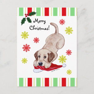 Postal Festiva Navidades Amarillos Labradores Puppy y Santa Hat