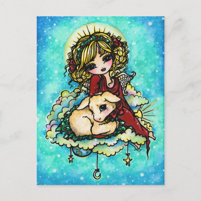 Postal Festiva Navidades Angel Lamb Nieve Fantasía Art Postcard (Anverso)