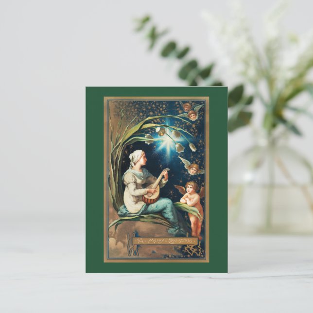 Postal Festiva Navidades ángeles, estrellas, mujeres y la luna (Anverso de pie)