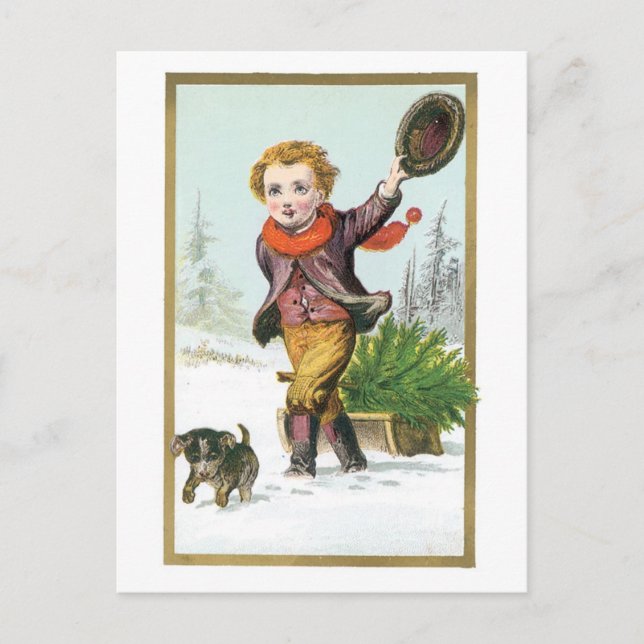 Postal Festiva Navidades anticuados, chico con pipa (Anverso)