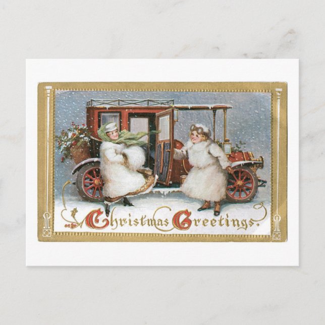 Postal Festiva Navidades anticuados, coche vintage (Anverso)