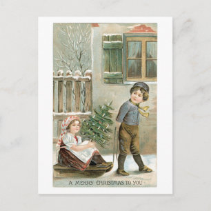 Postal Festiva Navidades anticuados, niño y Chica