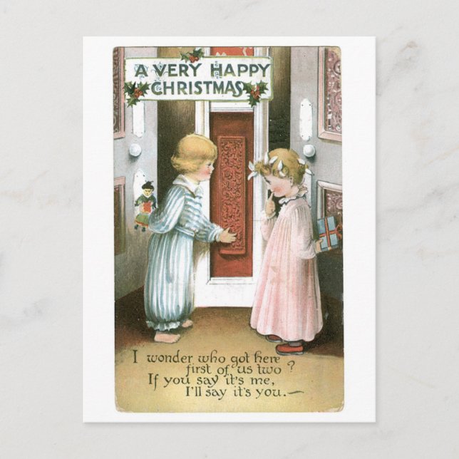 Postal Festiva Navidades anticuados, niño y Chica (Anverso)