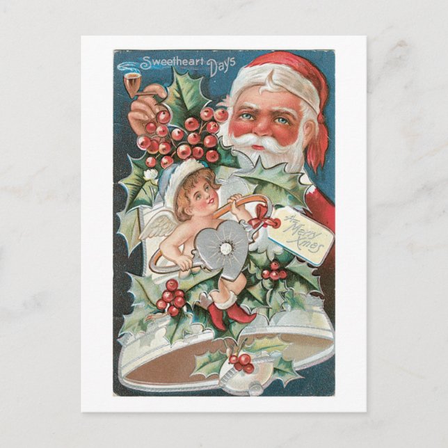 Postal Festiva Navidades anticuados, Santa & Angel (Anverso)