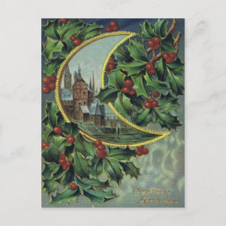 Postal Festiva Navidades antiguos Post Card Holly & Crescent Moon
