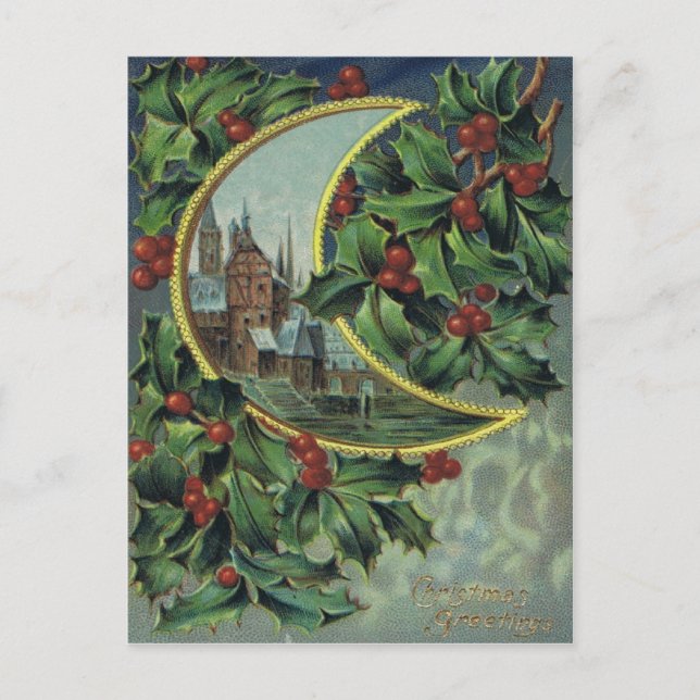 Postal Festiva Navidades antiguos Post Card Holly & Crescent Moon (Anverso)