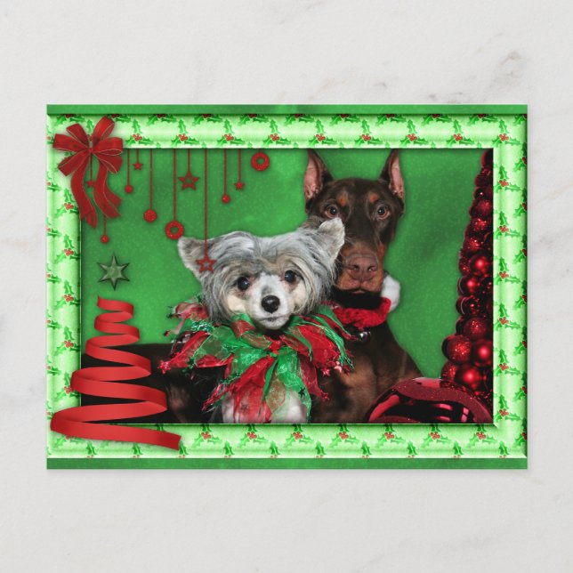 Postal Festiva Navidades - Árbol de cinta roja - Crestie Doberman (Anverso)