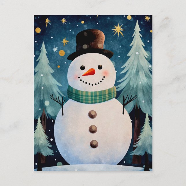 Postal Festiva Navidades Art Snowman Mensaje Nocturno Snowy (Anverso)