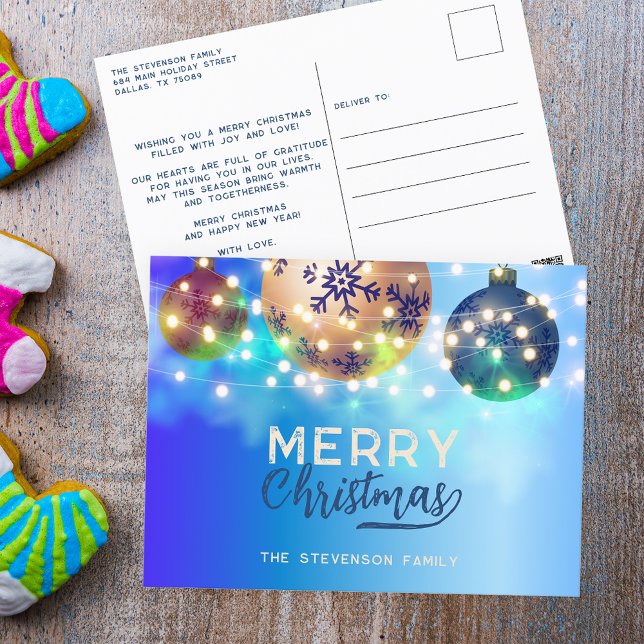Postal Festiva Navidades azules Baubles Twinkling String Lights (Subido por el creador)
