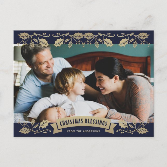 Postal Festiva Navidades azules bendicen foto cristiana (Anverso)