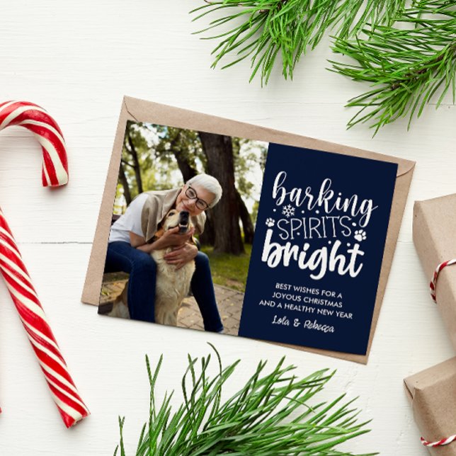 POSTAL FESTIVA NAVIDADES AZULES DE LA MASCOTA NAVY, ESPÍRITU DE B (DOG OWNER CHRISTMAS POSTCARD BARKING SPIRITS BRIGHT VERTICAL PHOTO TEMPLATE EASY TO CUSTOMIZE CHEAP)