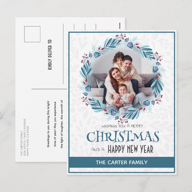 Postal Festiva Navidades azules de Mistletoe modernos, foto de Wr (Anverso / Reverso)